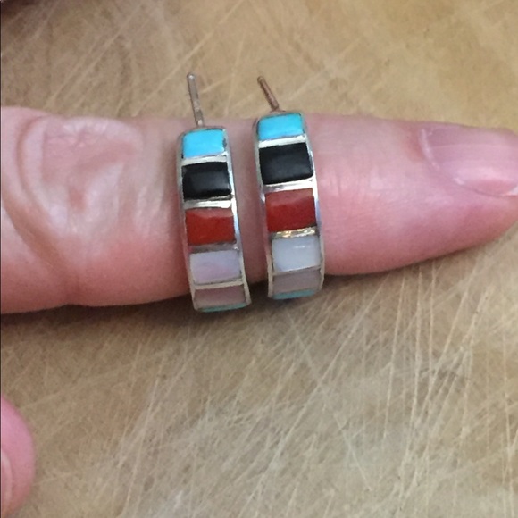 Beautiful silver earrings with inlay - Turquoise, coral, onyx, MOP - Picture 1 of 7